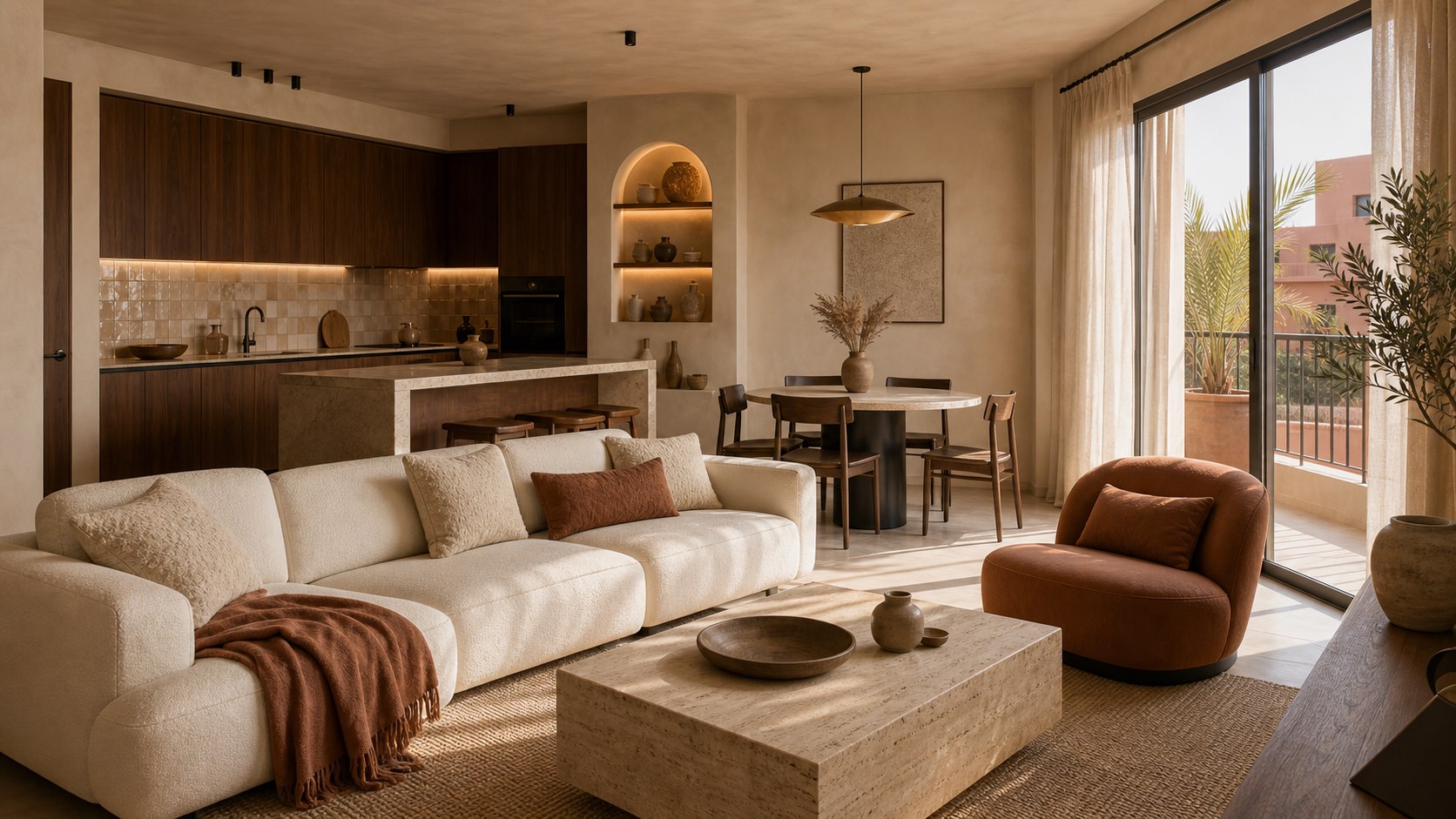 Appartement design à Marrakech avec cuisine ouverte, salon chaleureux et terrasse lumineuse