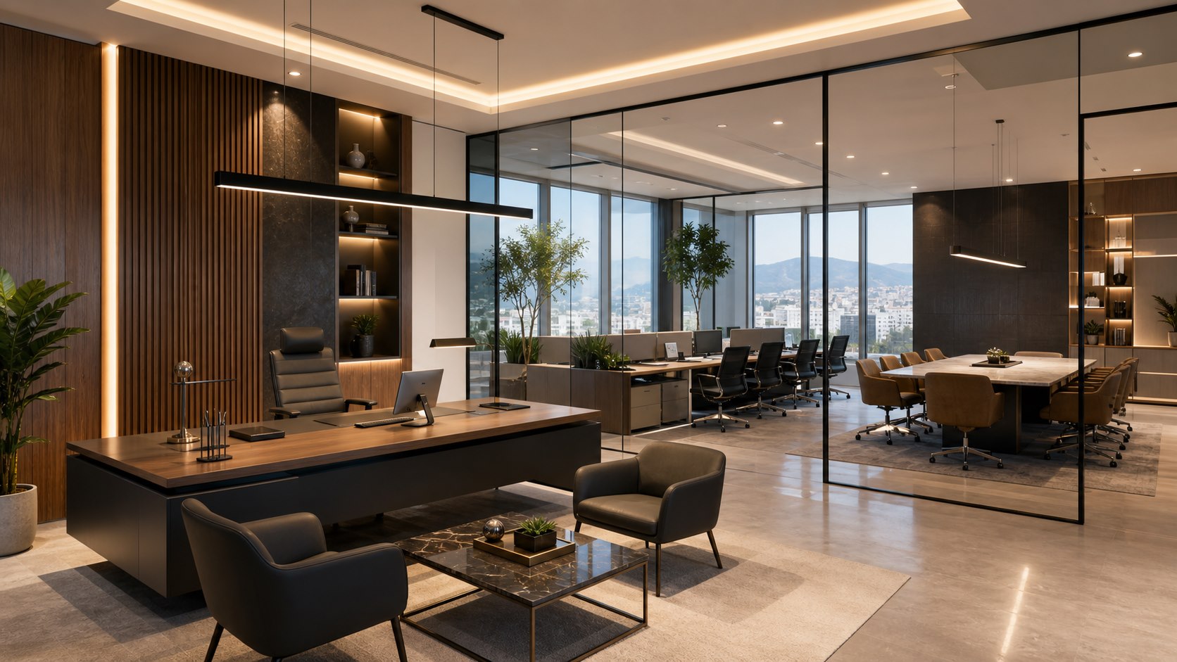 Bureau corporate moderne avec bois, verre et éclairage architectural