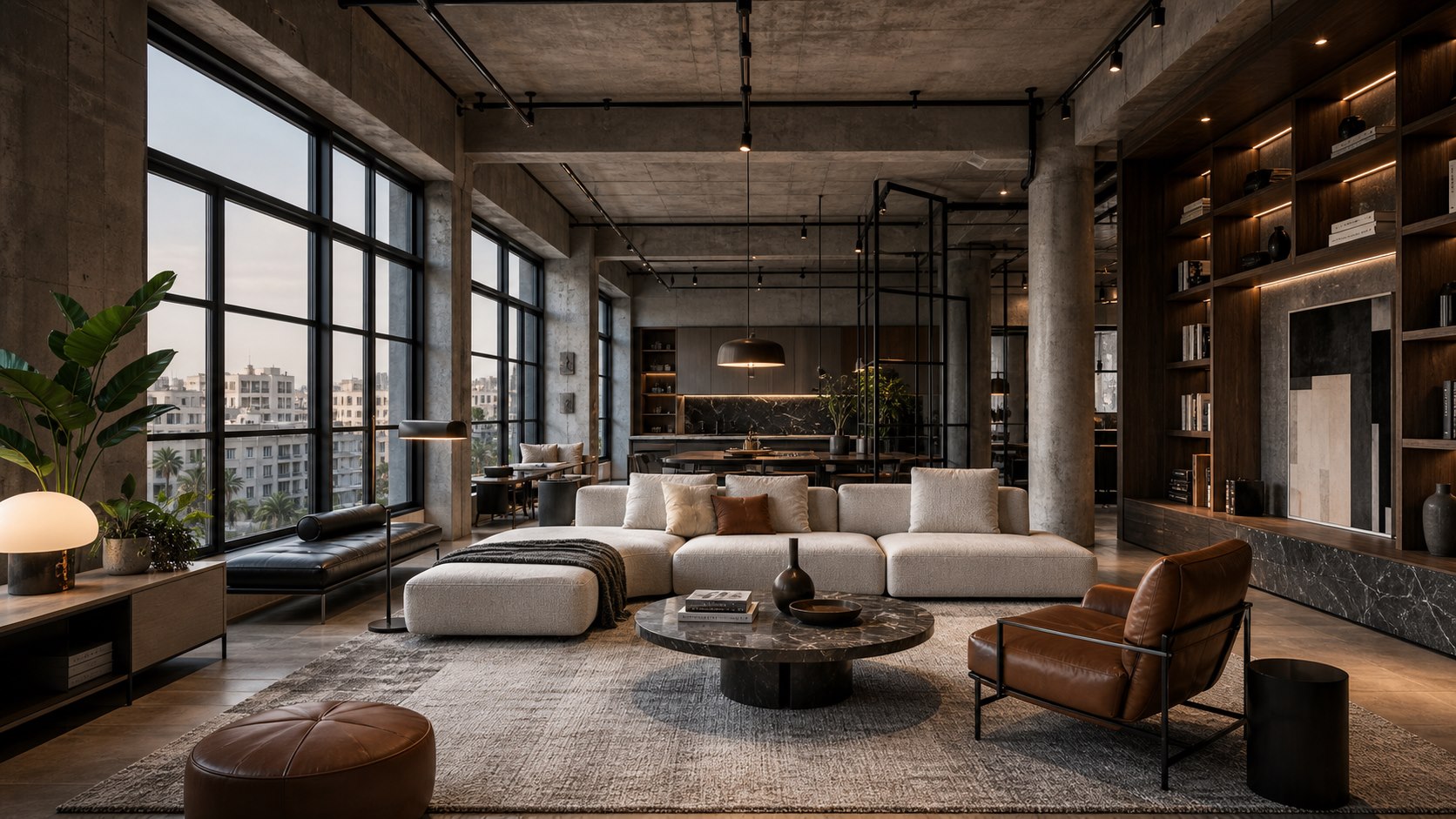 Loft industriel à Casablanca avec béton, verrières, bois et mobilier contemporain