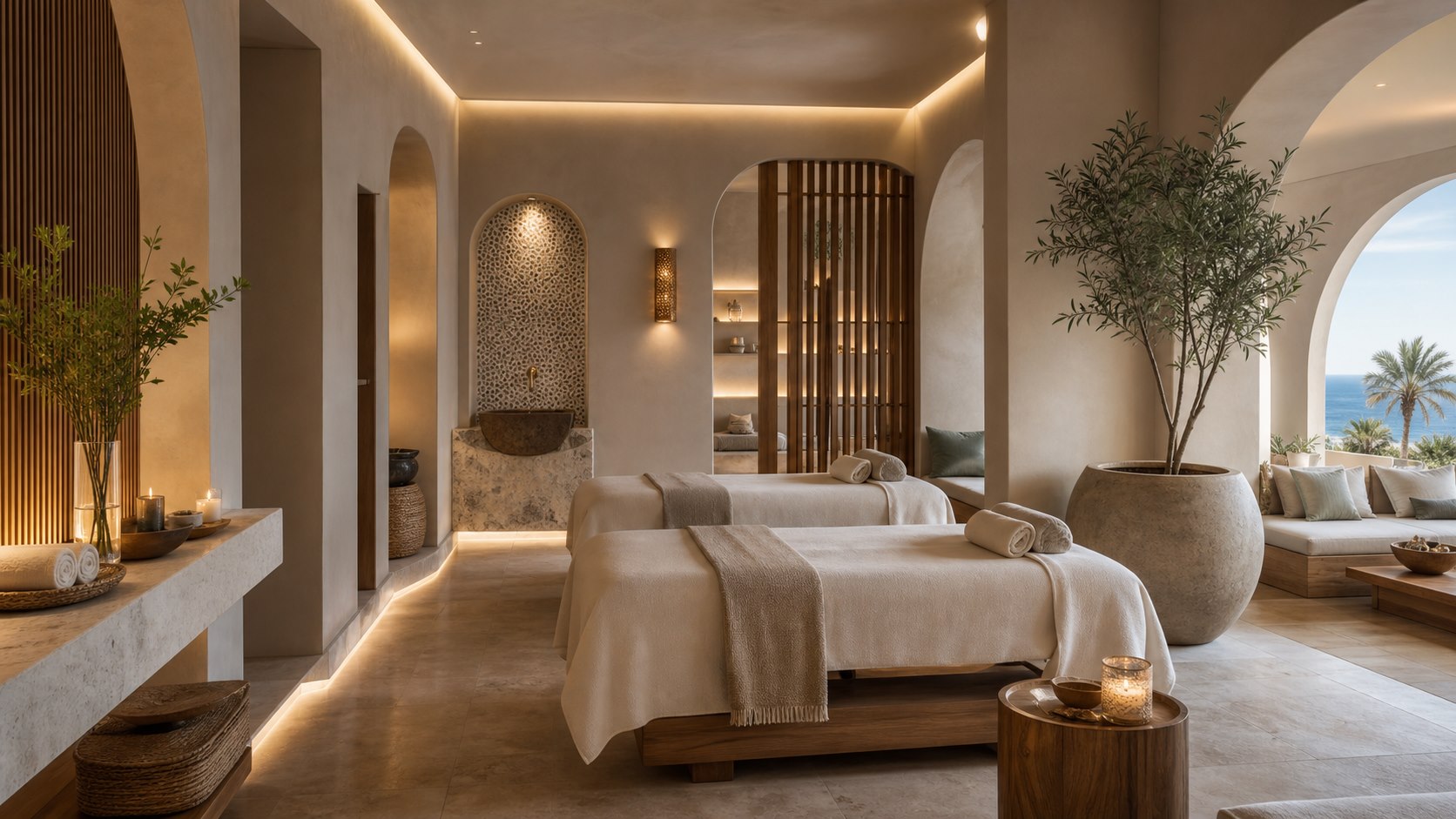 Spa luxe à Agadir avec lits de soin, arches et ambiance zen