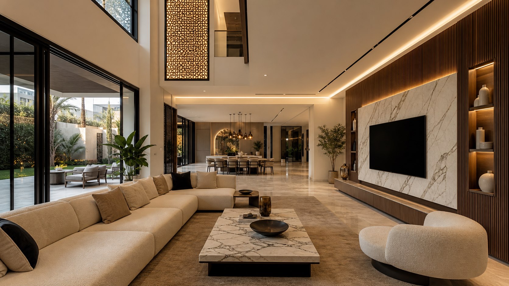Villa moderne à Casablanca avec salon spacieux, marbre, bois et éclairage indirect
