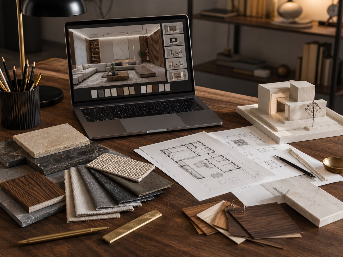 Bureau de conception avec plans, matériaux et aperçu 3D sur ordinateur