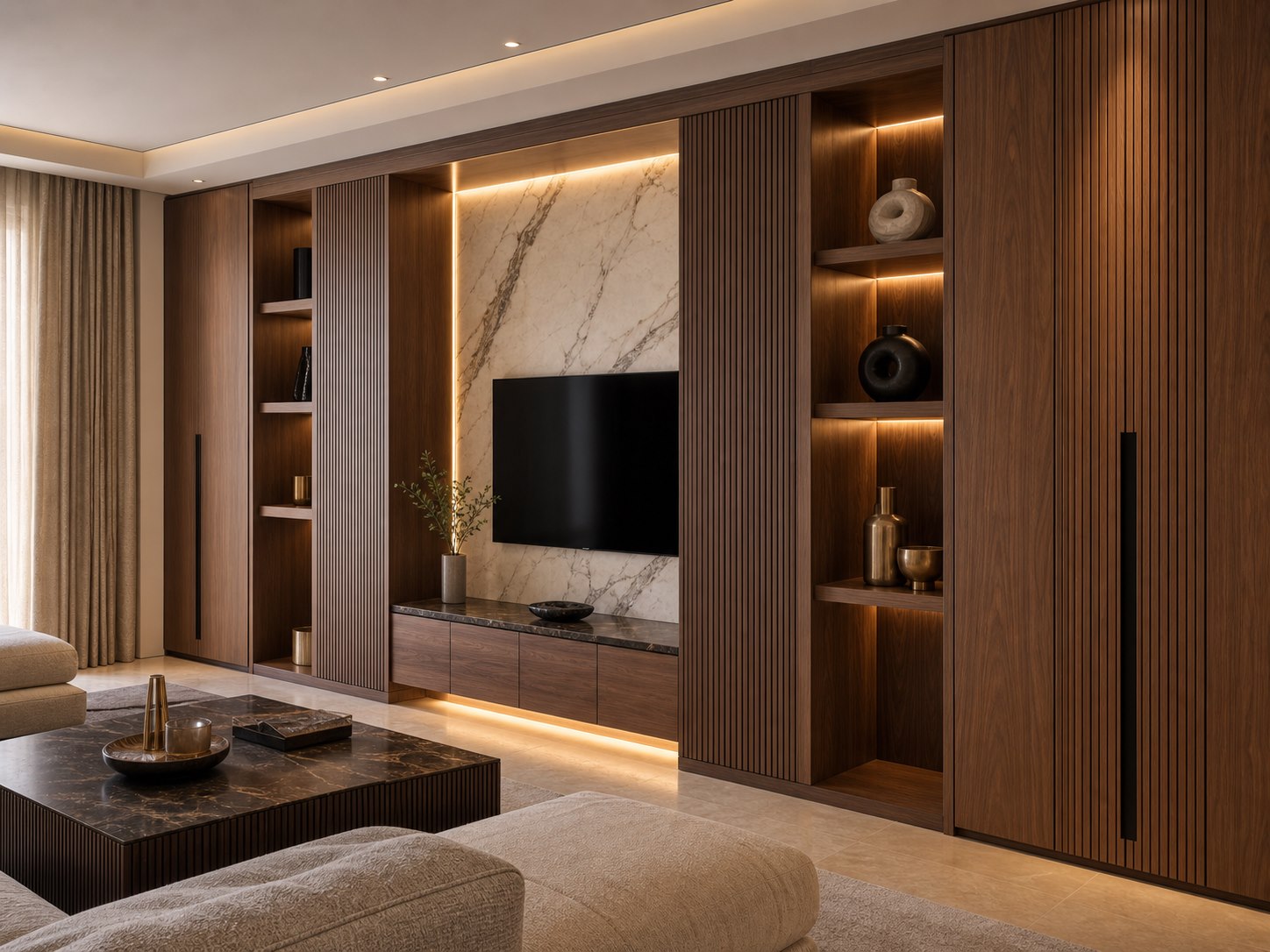 Mobilier sur mesure en bois avec niches éclairées et mur TV
