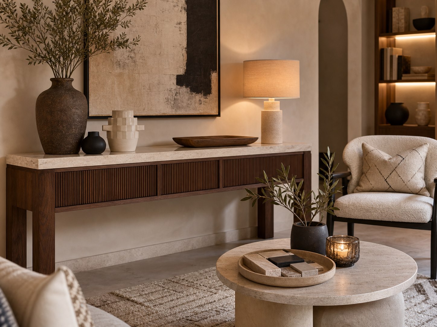 Décoration intérieure avec console bois, art mural et lampe