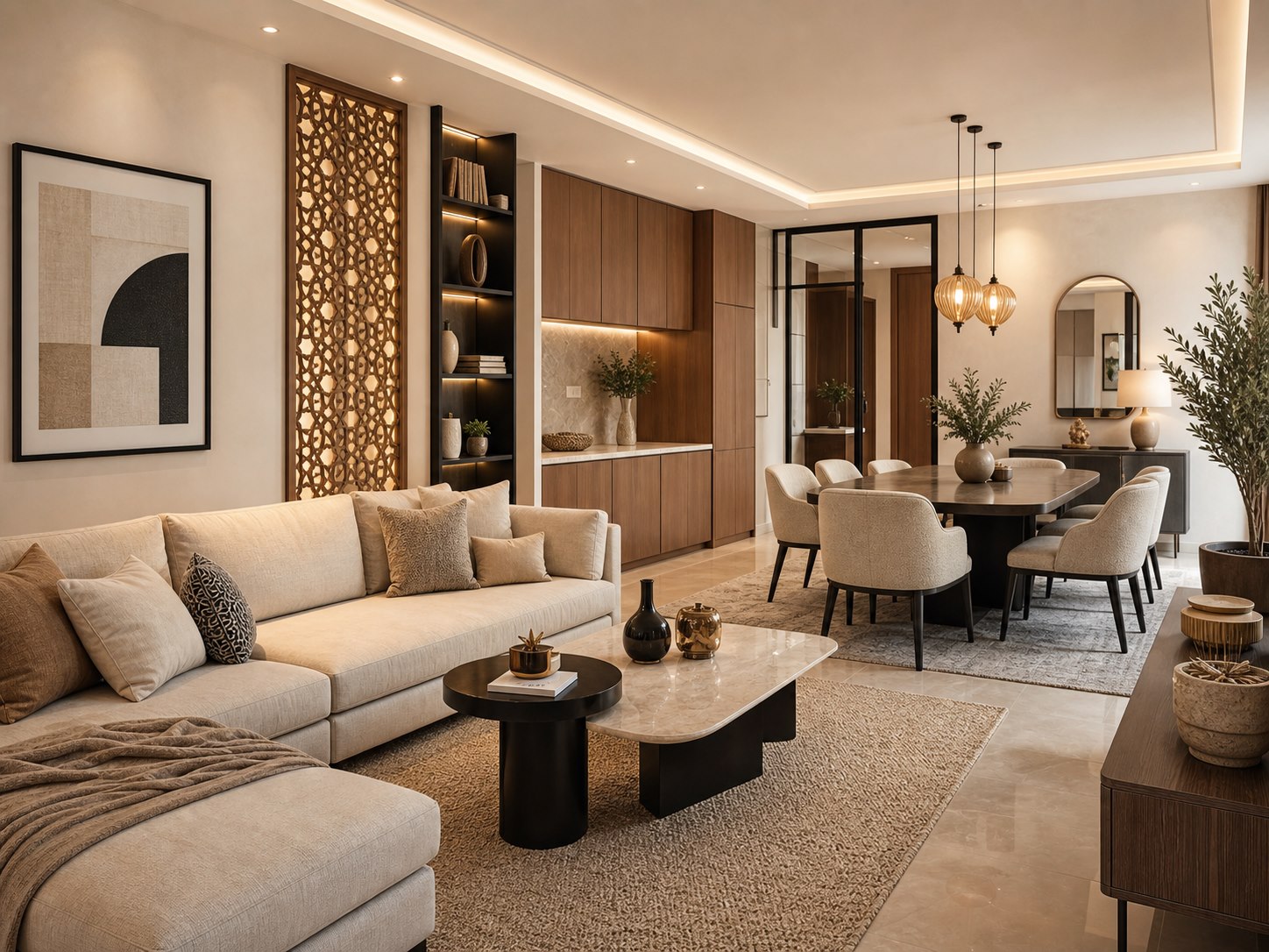 Appartement résidentiel chaleureux avec salon, salle à manger et cuisine intégrée